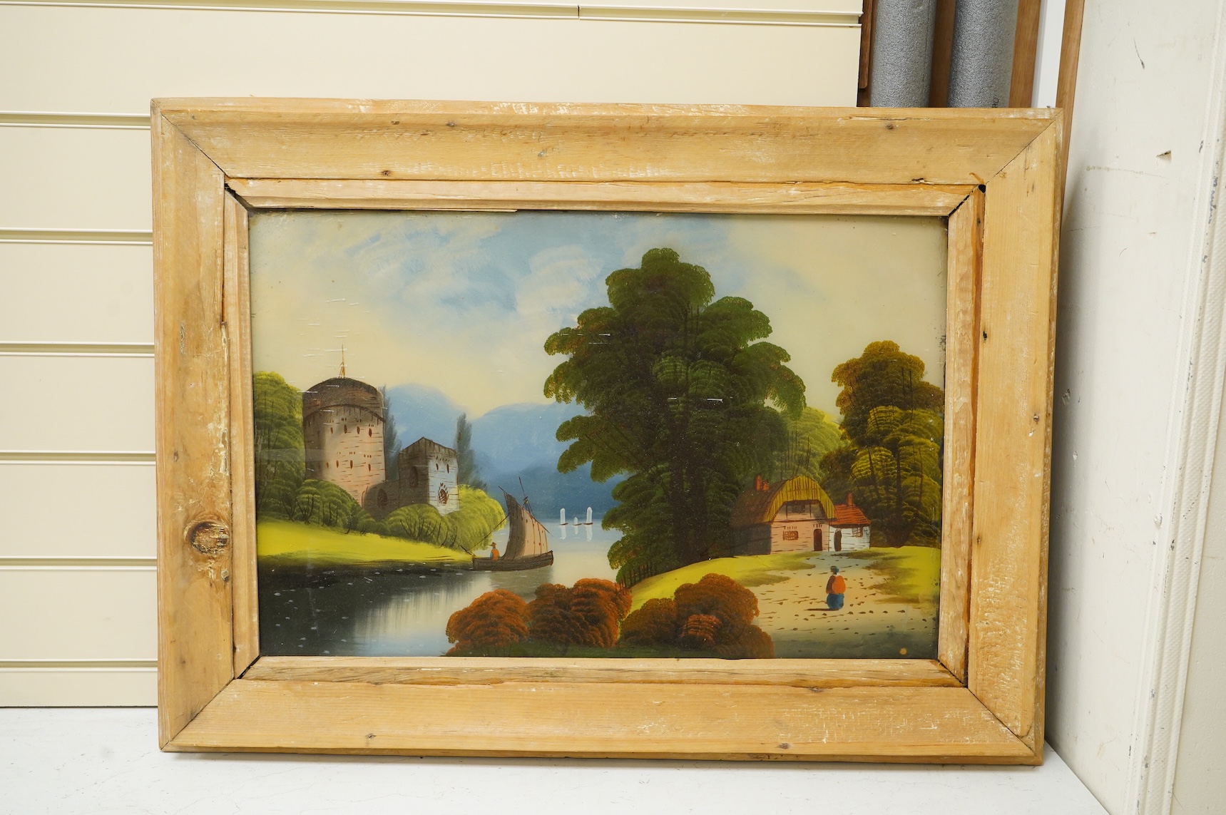 Victorian School, set of three reverse glass painted panels, Riverscapes, 38 x 59cm
